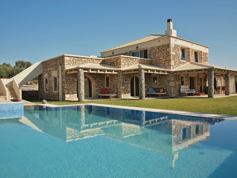 no people, house, architecture, 4K, blue, daytime, home, concrete, wealth, poolside, reflection, brown, luxury, sky, building, swimming pool, mediterranean