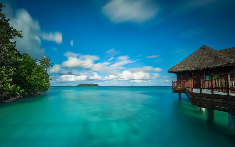 turquoise, waterfront, cloud - sky, cottage, day, summer, swimming pool, scenics - nature, tropical, Maldives, tranquil scene, hut, wooden, clouds, blue