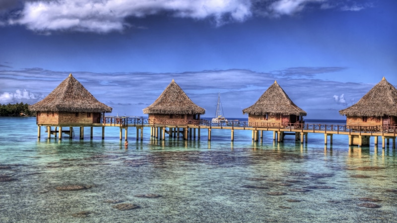summer, beach, sky, French Polynesia, waterfront, nature, roof, brown, scenics - nature, four, house, tranquility, resort, cloud - sky, outdoors, cottages