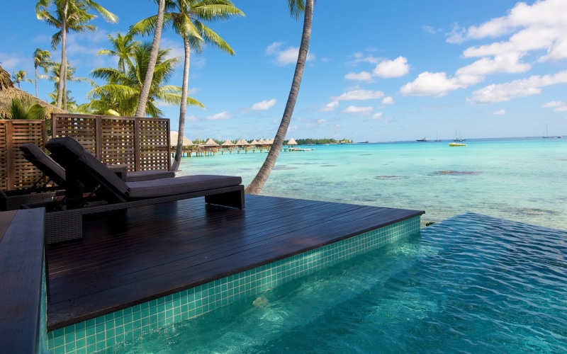 sea, palm trees, tropical, nature, bungalow, landscape, summer, swimming pool, water, resort, atolls, 1080P, beach