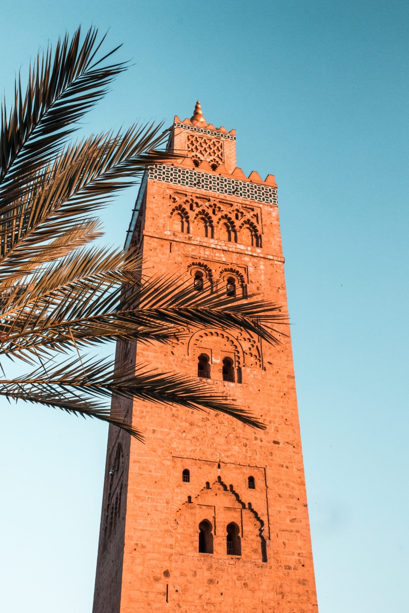 building exterior, architecture, built structure, religion, spire, place of worship, maroc, blue, town, koutoubia mosque, no people, tower, low angle view