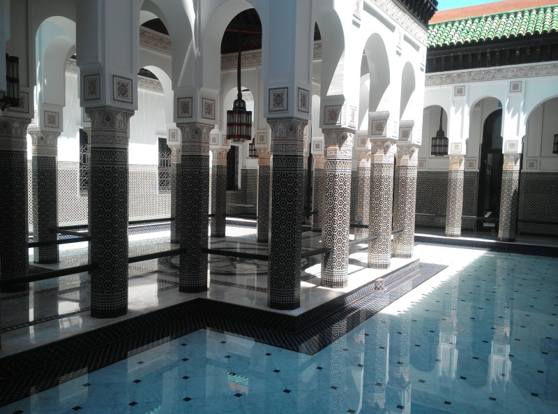4K, culture, built structure, outdoors, arabic, pool, tiled floor, pattern, travel destinations, marrakesh, colonnade, luxury, building exterior, day