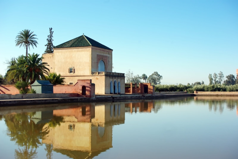 travel, front, tree, marrakech, body, sky, tropical climate, no people, place of worship, menara palace, lake, building, architecture, 4K, plant, day
