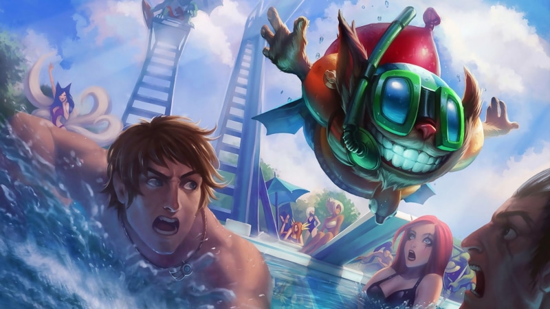 Video Game, young adult, Garen (League Of Legends), sculpture, 1080P, ziggs, real people, day, skin, outdoors, pool, party, human representation, Darius (League Of Legends)