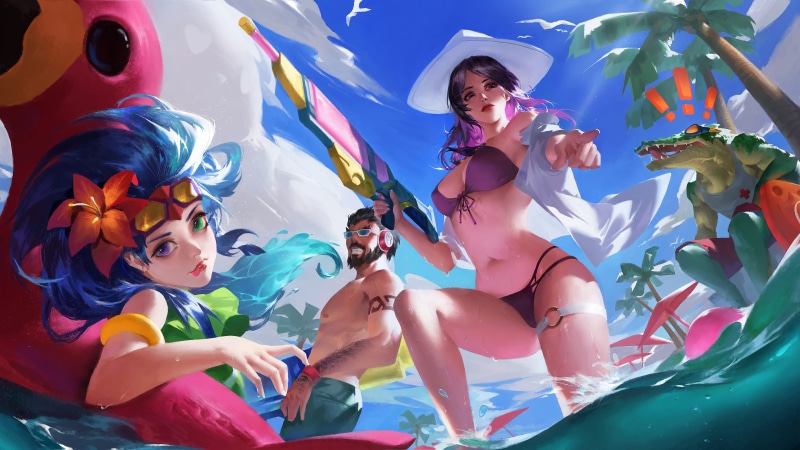 Caitlyn, Graves, 4K, Zoe (League of Legends), League of Legends, Caitlyn (League of Legends), pool party, video games, Renekton