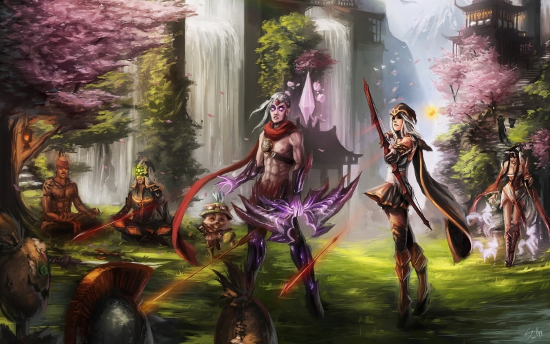 women, digital composite, Ashe, art, representation, art and craft, adult, spooky, Teemo, male, people, characters, outdoors, fantasy art, day, religion