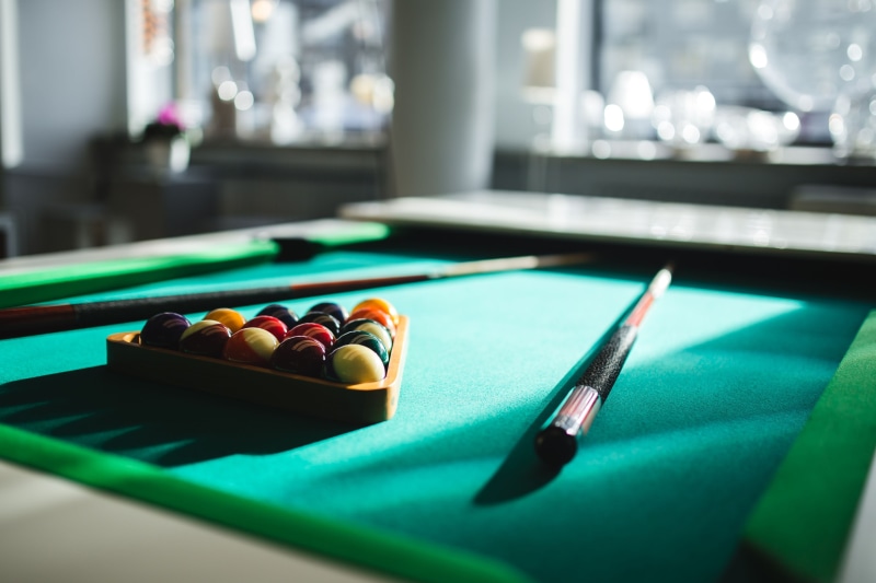 pool Ball, green table, competition, day, no people, billard, playing, leisure Activity, indoors, nobody, green color, pool Game, large group of objects