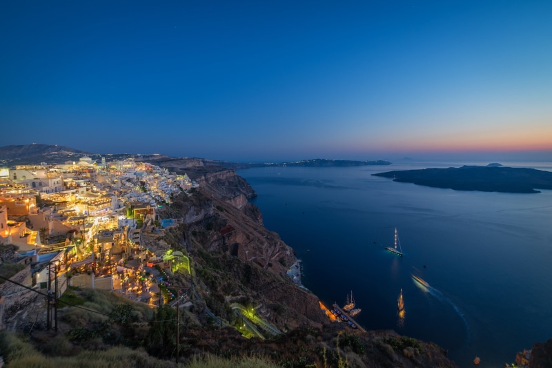 Grecia, ships, 1080P, houses, evening, Santorini, islands, greece, Sea