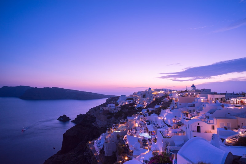 built structure, dusk, night, lights, illuminated, home, travel destinations, high angle view, blue, architecture, outdoors, Santorini, sky, the evening