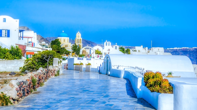 day, tourism, santorini, built structure, blue, landscape, luxury, sky, architecture, pool, no people, travel destinations, plant, nature, greece, tourist resort