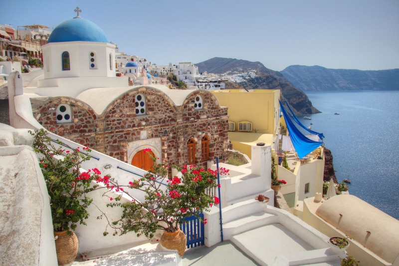 sea, the sky, dome, no people, Church, building, water, outdoors, day, sky, nature, Santorini, plant, mountains, built structure, belief, architecture