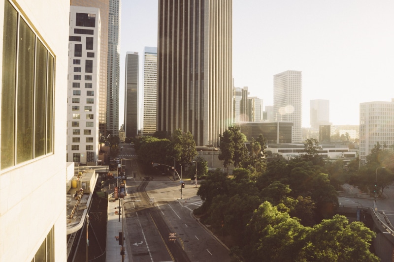 streets, skyscraper, plant, high rises, 2K, town, downtown, nature, towers, hollywood, sunshine, cityscape, business, buildings, land vehicle, tree, la