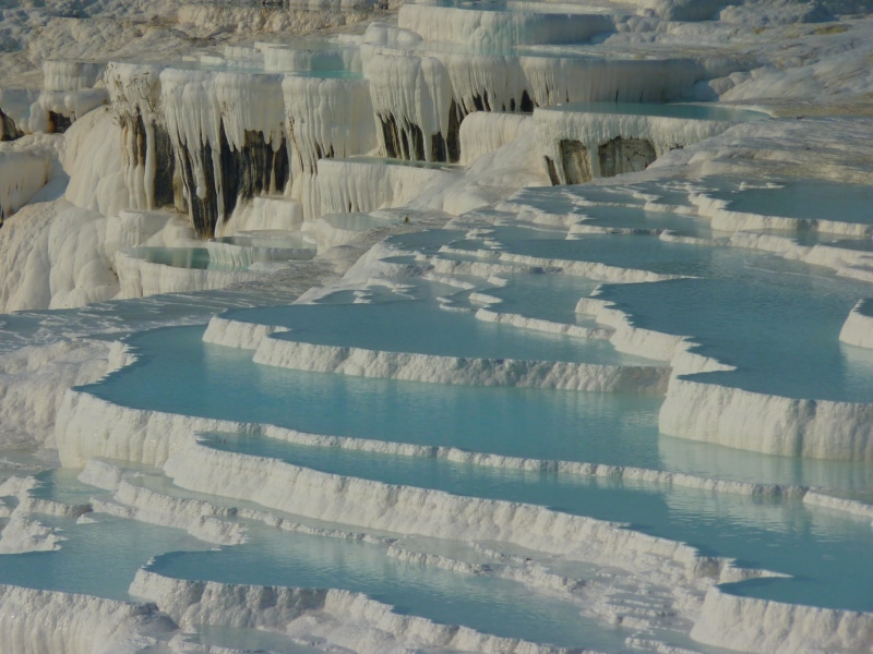 water, lime sinter terrace, winter, limestone, hot spring, pamukkale, no people, scenics - nature, nature, waterfront, thermal springs, unesco, reflection
