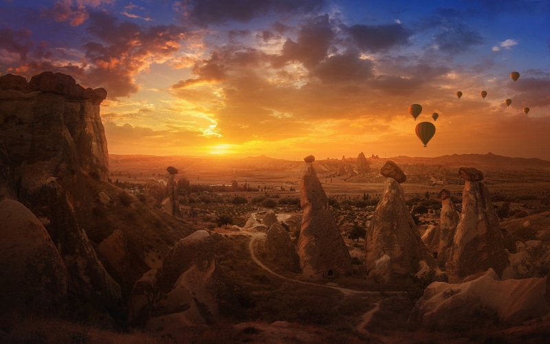 Landscape, Rock, Turkey, Canyon, Hot Air Balloon, Cappadocia, Canyons, 1080P, Earth