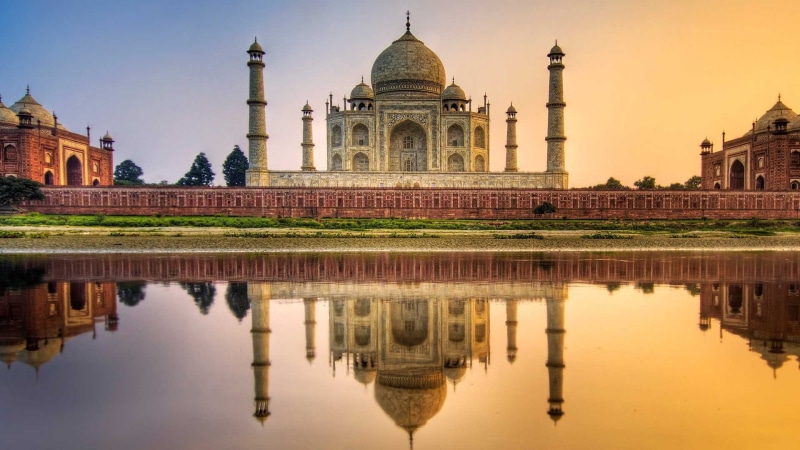 sky, travel destinations, Asian architecture, built structure, lake, tourism, building exterior, history, sunset, Taj Mahal, the past, 1080P, religion