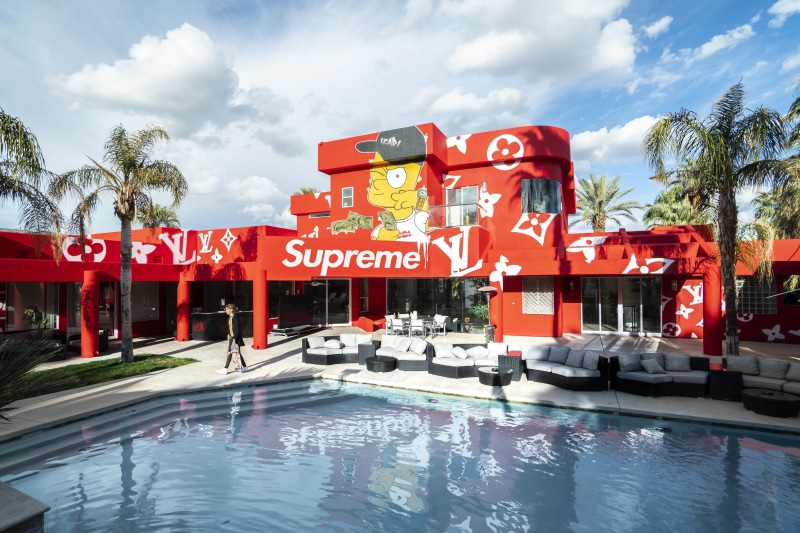 outdoors, built structure, text, vuitton, reflection, plant, supreme, building exterior, nature, water, sky, palm tree, building, red, 5K, cloud - sky