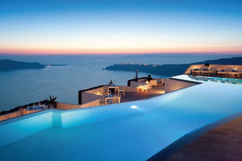 sea, Santorini, swimming pool, clear sky, lights, 4K, Greece, evening, landscape, sunset, horizon, island, restaurant, hotel