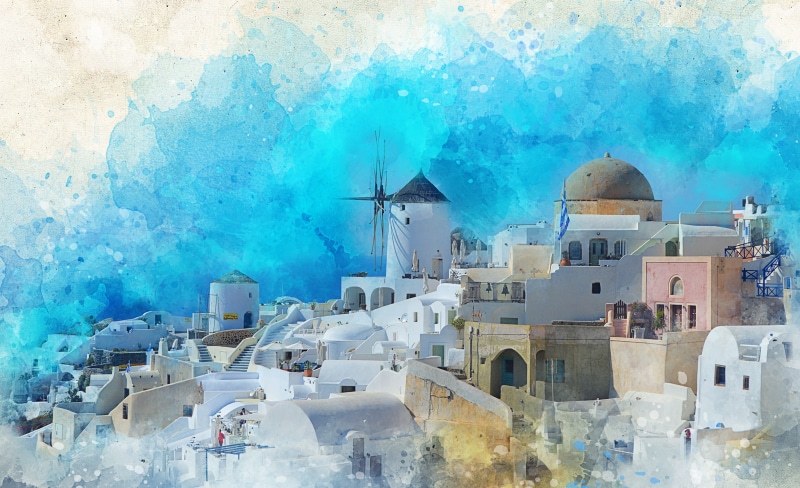 religion, city, painting, island, tourism, building exterior, travel destinations, santorini, outdoors, architecture, seascape, 4K, stones, mountains