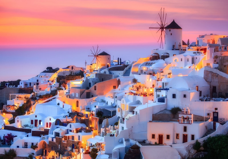 Santorini, rocks, Greece, 1080P, the sky, the evening, Thira, the city, island, lights