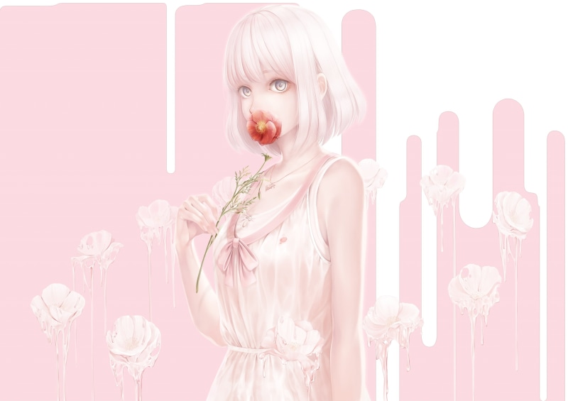 women, 2K, studio shot, anime girl, looking at camera, Anime, young adult, short hair, necklace, mouth open, flower, indoors, young women, beautiful woman