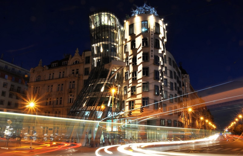 czech, Prague, Dancing House, lights, Czech Republic, Night, waterfront, 1080P, republic