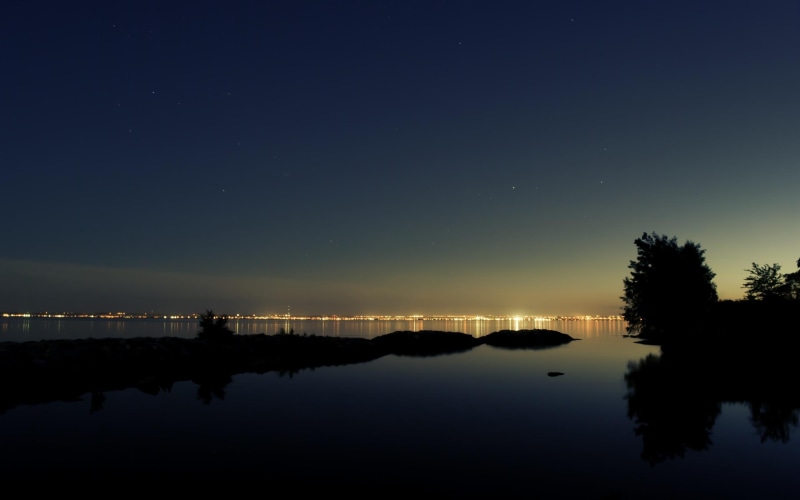 ocean, 2K, coastal, stars, trees, water, twilight, calm, sunset, sunsets, waterfront, colors, nature, lights, beautiful