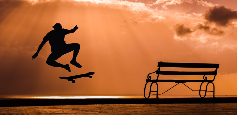 waterfront, skate, cool, extreme, one person, silhouette, orange color, jumping, skateboarding, motion, human limb, hour, street, sport, water, playing