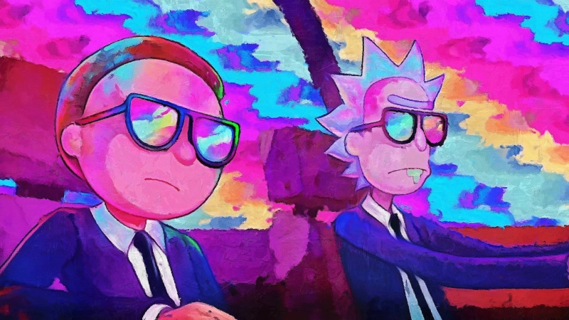 psychedelic, TV, Rick Sanchez, tv series, colorful, glasses, 5K, cartoon, Morty Smith, Rick and Morty