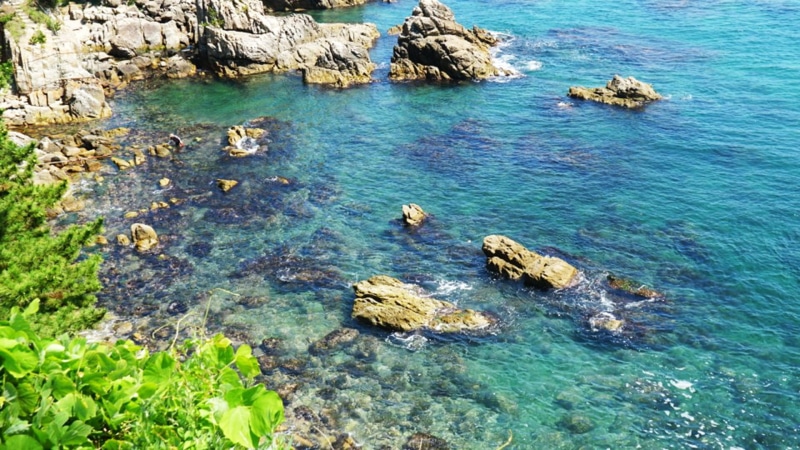 beachfront, sea, beauty in nature, formation, sunset, rock, emerald sea, summer, turquoise colored, thailand, ganghwado, healing, tranquil scene, high angle view