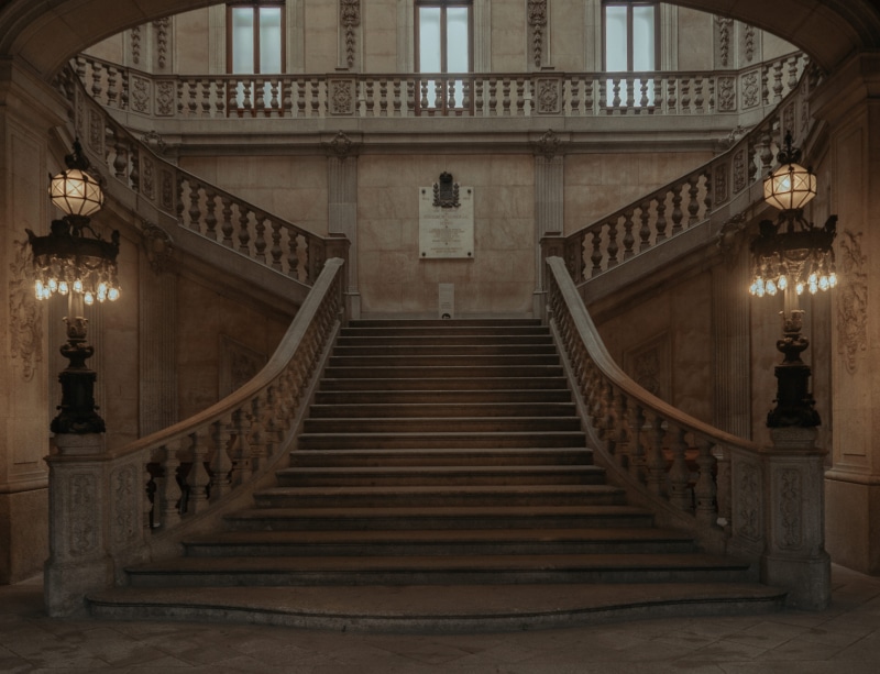 staircase, lighting equipment, tree, railing, porto, no people, steps and staircases, the past, government, handrail, portugal, plant, palace, crypt, symmetry