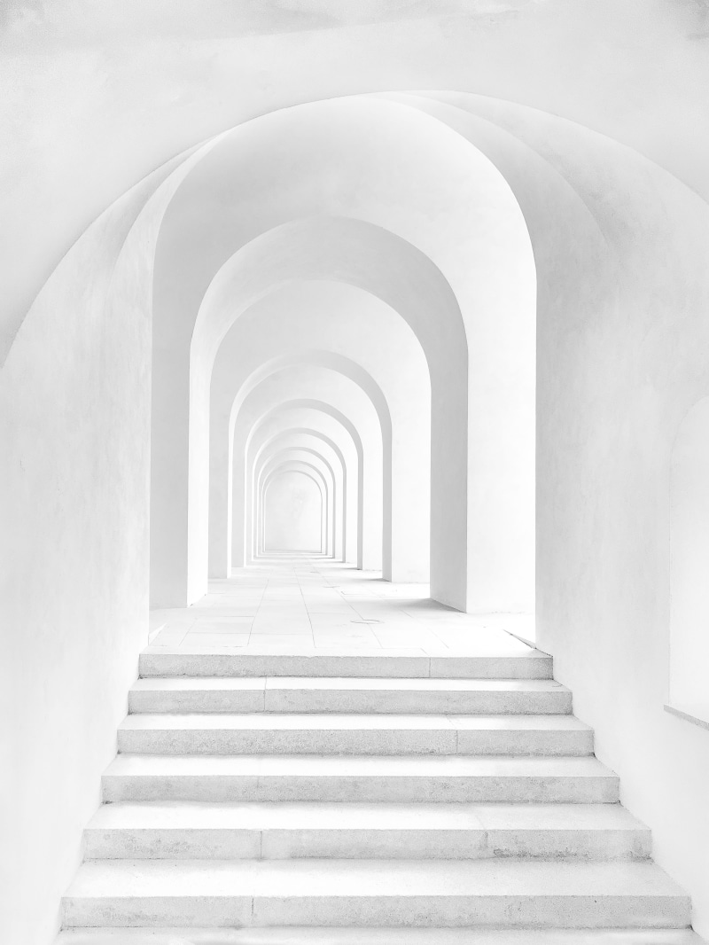 railing, arcade, path, architectural column, corridor, staircase, building feature, modern design, calm, no people, day, stairway, archway, white color