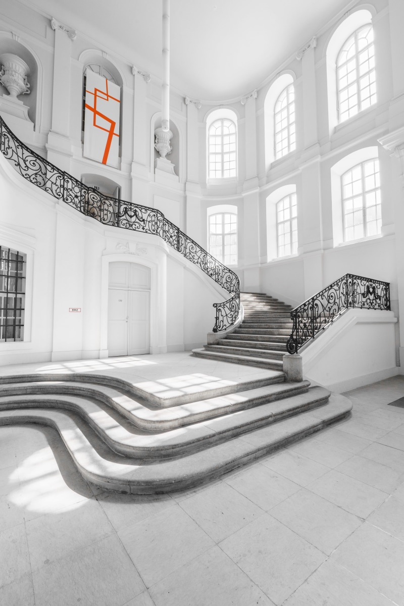 railing, city, museum, focus, tiled floor, indoors, step, modern, white, architecture, building, furniture, absence, staircase, window, flooring, stairs