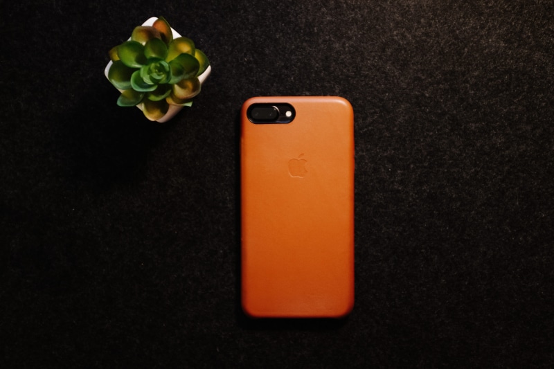 apple, uphone 7 plus, technology, telephone, mobile phone, close-up, potted plant, colored background, apple tech, cell phone, interior design, black background