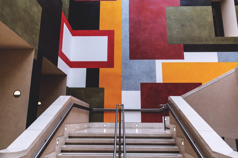 interior, 4K, absence, red, wall - building feature, no people, steps and staircases, metal, Staircase, railing, up, wall, modern, empty, orange color