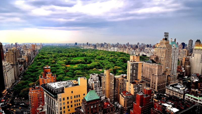 high angle view, New York City, building, cloud - sky, crowded, built structure, Central Park, skyscraper, apartment, urban skyline, outdoors, city, tower
