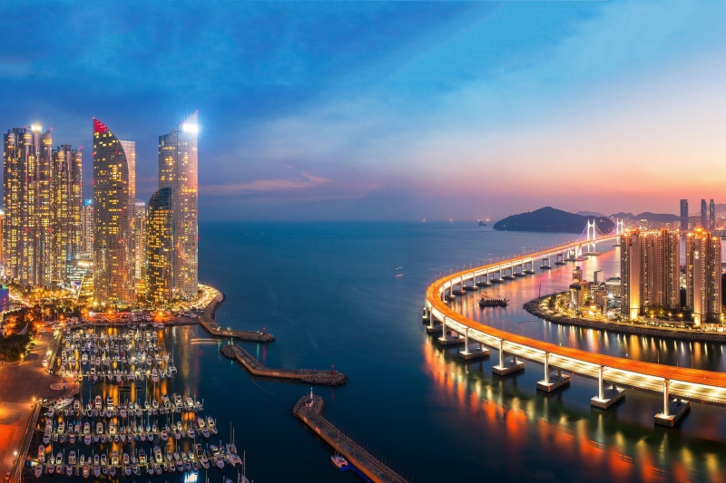 Busan, harbour, night city, sea, port, 1080P, sunset, skyscrapers, Gwangan Bridge, South Korea, bridge, The Gulf Of Sherman, building
