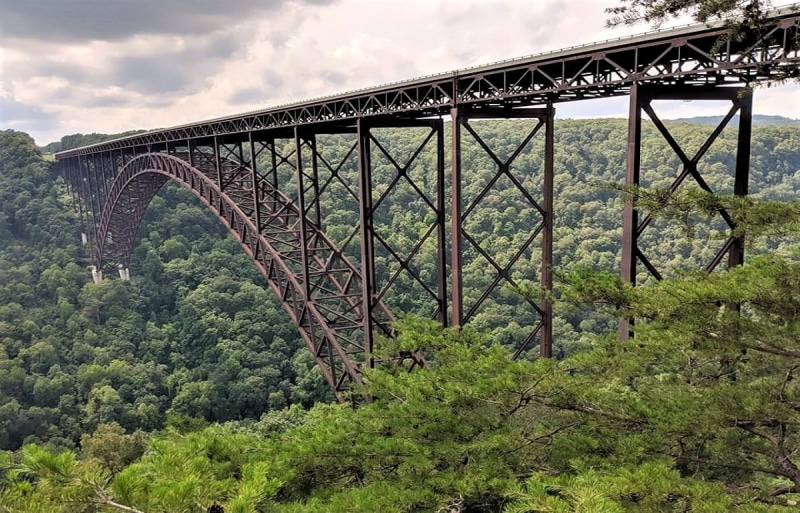 built structure, plant, forest, tree, Trees, West Virginia, rail transportation, cloud - sky, land, connection, arch, arch bridge, Bridge, transportation