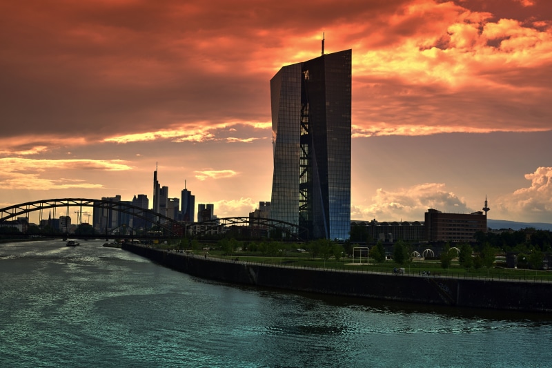 central bank, building, outdoors, ffm, water, river, ecb, modern, bridge, sunset, built structure, cloud - sky, cityscape, office building exterior, 5K