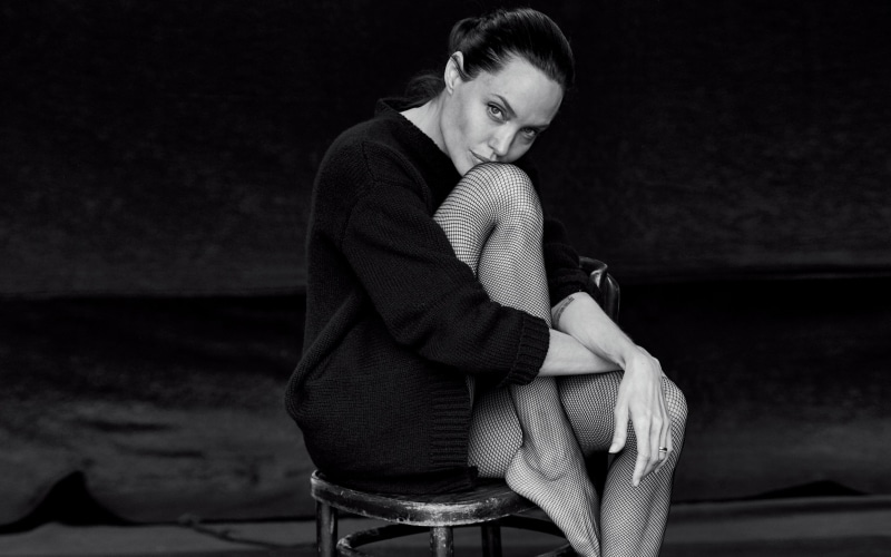 photographer, model, look, mesh, feet, jacket, jolie, actress, 2K, Wall Street Journal, on the chair, sitting, angelina, Peter Lindbergh, stockings, Angelina Jolie