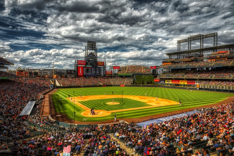 players, building exterior, coors field, built structure, hdr, competition, fans, baseball stadium, clouds, soccer field, sky, grass, group of people, day