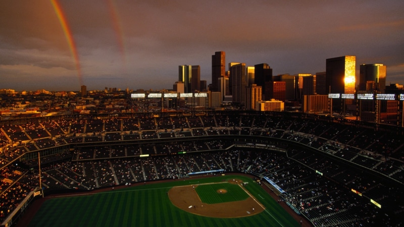 stadium, rainbows, urban skyline, cityscape, Coors Field, high angle view, baseball, office building exterior, skyscraper, night, sky, building exterior