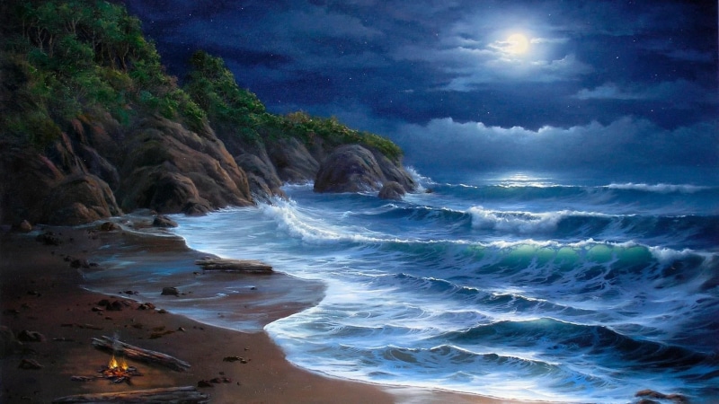 water, cloud - sky, aquatic sport, beauty in nature, tranquil scene, idyllic, sea, moon, wave, outdoors, motion, tranquility, nature, moonlight, rock, 1080P