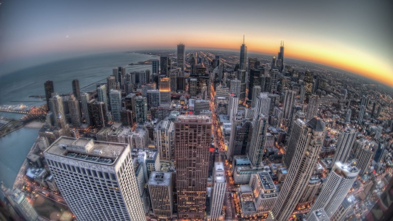 rise, office building exterior, sky, crowded, aerial view, lights, Chicago, high, white, built structure, skyscraper, urban skyline, cityscape, tower, outdoors