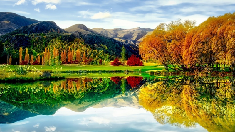 waterfront, leaves, landscape, symmetry, 1080P, nature, water, foliage, scenics - nature, mountain, reflection lake, green color, no people, idyllic, sky