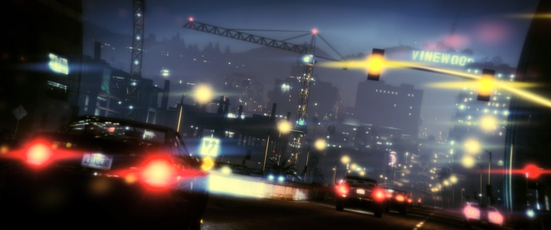 light, transportation, mode of transportation, building exterior, car, traffic, no people, blurred motion, illuminated, skyscraper, Grand Theft Auto V