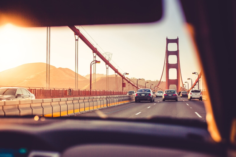 cars, on the move, roads, ride, driving, mode of transportation, land vehicle, speed, motor vehicle, bridge, windshield, street, golden, sunset, 4K, built structure