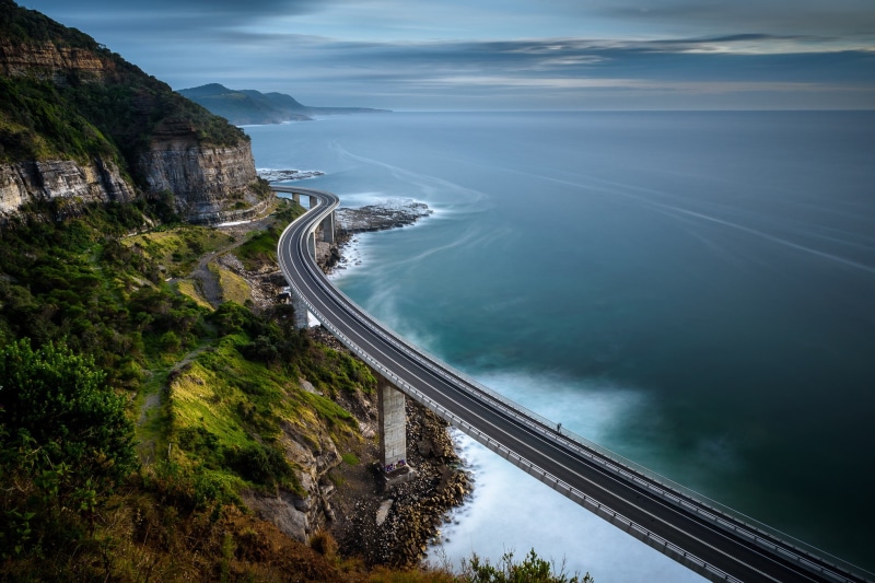 scenics, bridge, 1080P, landscape, cliff, Swept, Australia, concrete, cpl, water, photo, ocean, clouds, AU, gray, nature, sea cliff bridge, Clifton  New South Wales