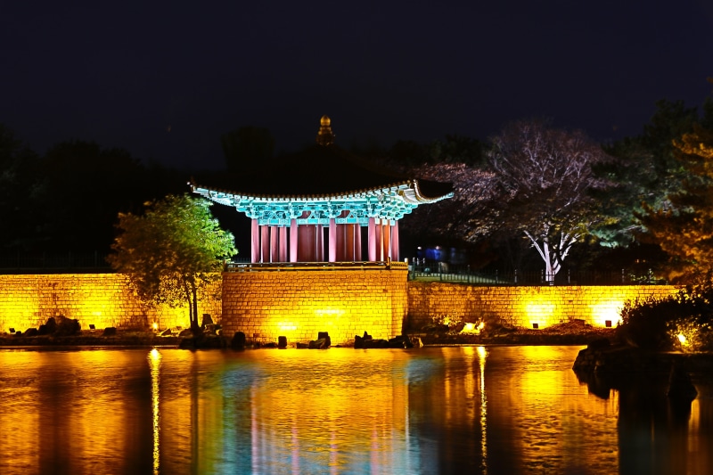racing anapji pond, 5K, lake, temple, bridge - man made structure, night, anapji, travel, palace, reflection, plant, nature, racing, illuminated, korea culture