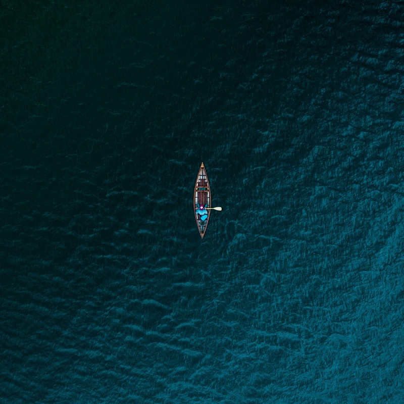aerial, drone view, person, transportation, turquoise colored, boat, day, centered, real people, full length, swimming, floating on water, women, 1080P
