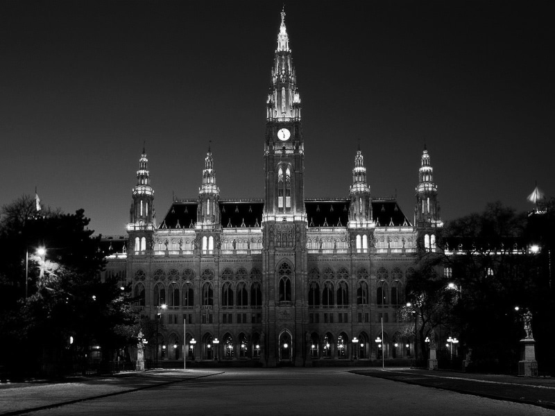 tourism, Vienna, sky, Austria, history, built structure, no people, gray, black, illuminated, tree, 720P, building, outdoors, monochrome, tower, cathedral
